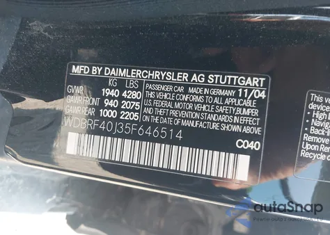 2005 Mercedes-Benz C 230 Kompressor Sport из США, поврежденный, VIN WDBRF40J35F646514